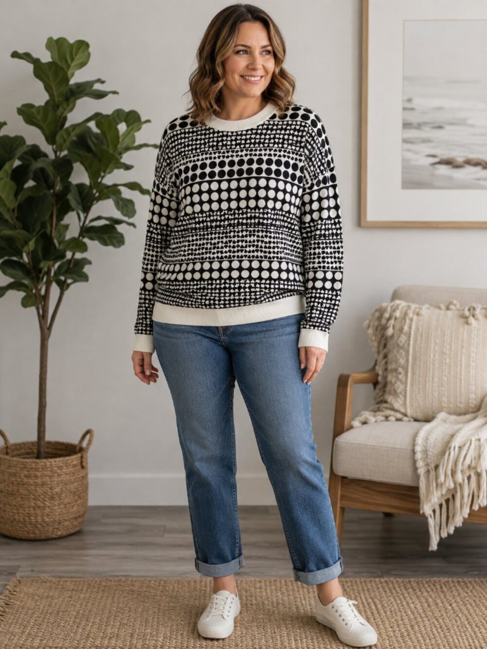LOFT NWT Women’s M Black Cream Geometric Crewneck Sweater Long Sleeve Pullover